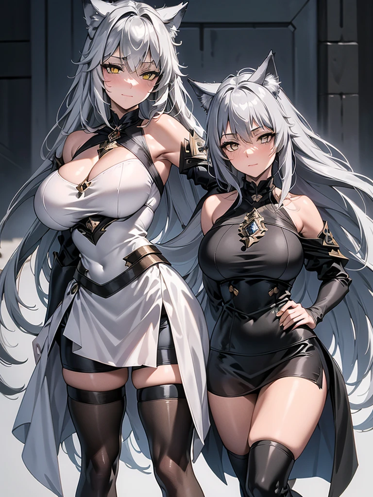 Full body portrait, single woman, especially detailed face, masterpiece, 4k, wallpaper, highlydetailed face, ultra-detailed face, voluptuous, big breasts, curvy, long hair, gray-silver hair, a young wolf woman, wolf ears, wolf tail, wolf-like irises, beautiful, enchanting, bright yellow eyes, detailed eyes, ultra-detailed eyes, accurate eyes, detailed irises, correct body proportions, elegant, small vertical scar under right eye, small rosy lips, big breasts, slender elegant arms, pretty hands, detailed hands, charming, slight blush, smug smile, black stylish shorts and top outfit, detached sleeves, light black armor, armored bike shorts, black armored coat, black metal armor, bare off shoulders, toned abs, exposed belly, standing pose, hands on hips pose, black thighhigh on the left leg, sole girl