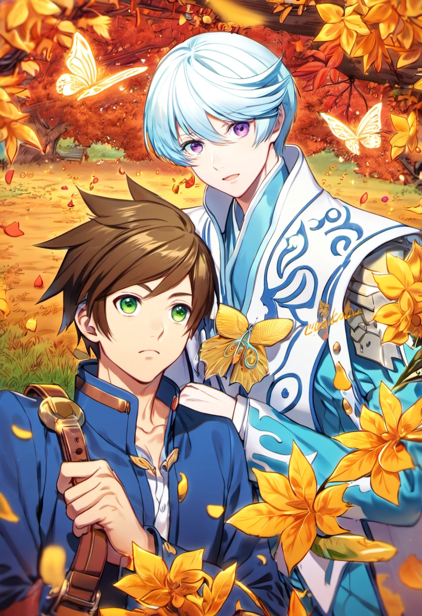 absurdres, highres, ultra detailed, HDR), master piece, best quality, Sorey, brown hair, expressive green eyes, Tales of Zestiria, Mikleo, white hair, expressive purple eyes, 2men together, gay couple, handsome, autumn, golden leaves, petals, flowers, butterflies
