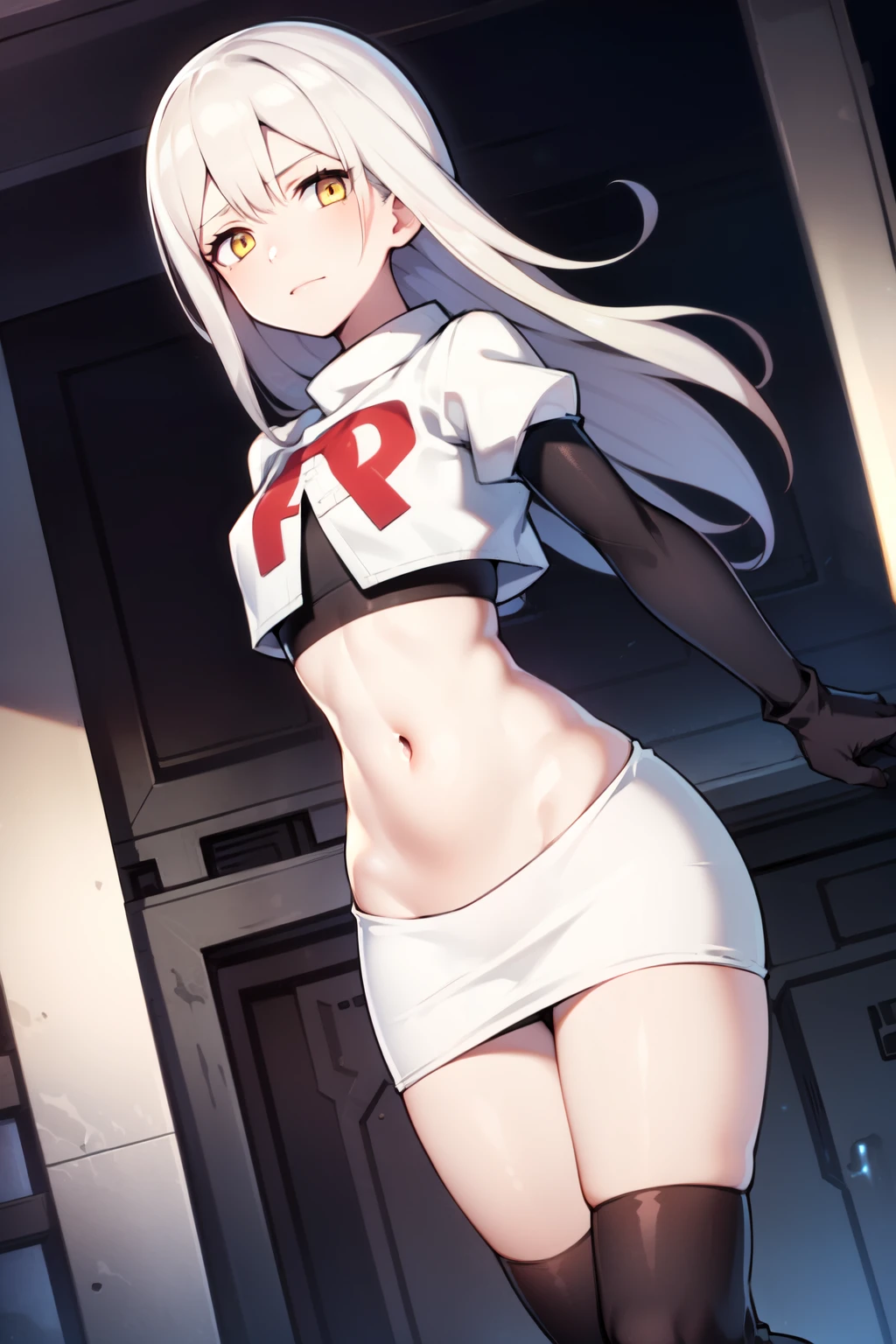 (masterpiece:1.2), (pale skin:1.2), (8k:1.2), (solo:1.2), (female:1.1), (dynamic angle), long hair, gray hair, yellow eyes, team rocket,team rocket uniform,white skirt,red letter R,crop top,black thigh-highs,black elbow gloves