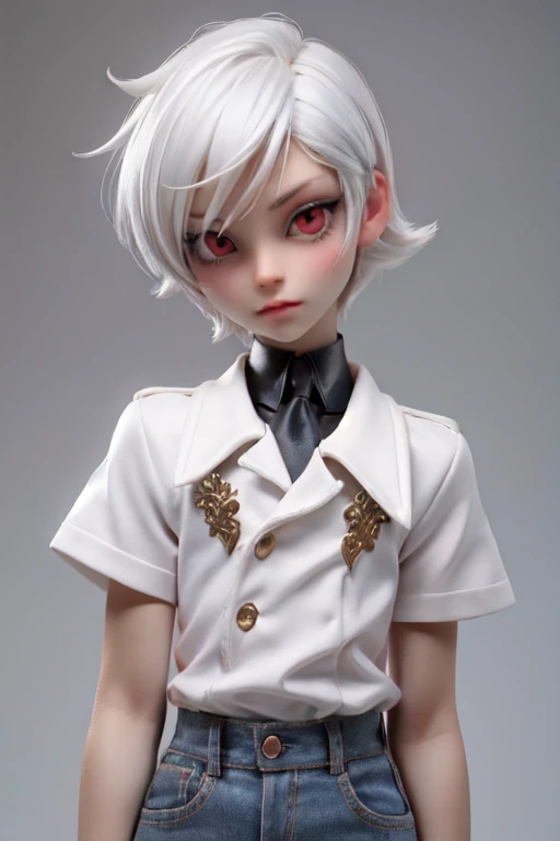 Feminine Femboy with white hair, pale soft skin, and red eyes.