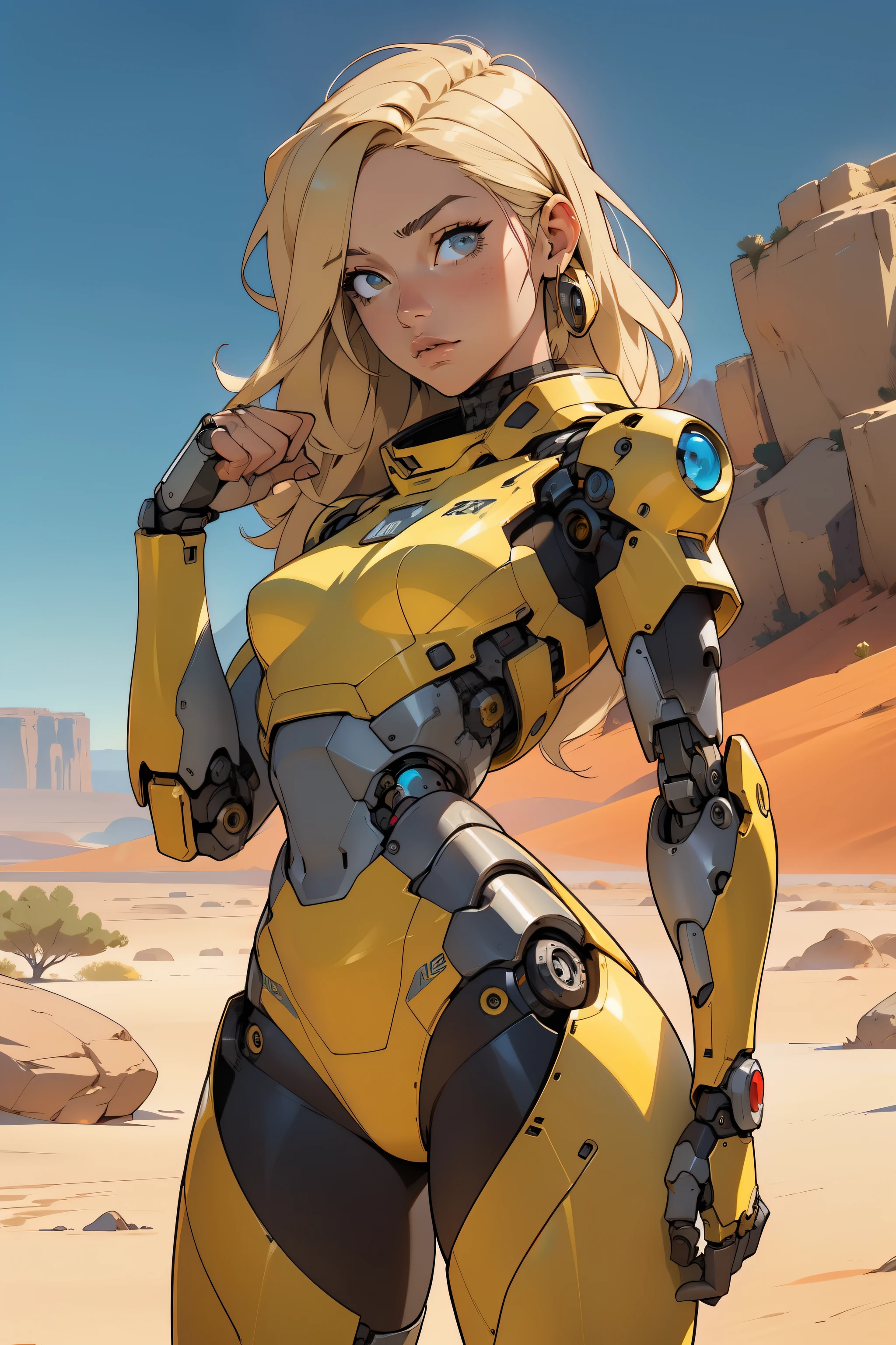 high quality, 4k, masterpiece, beautiful, cyborg girl, cowboy shot, dull eyes, front, looking at viewer, long blonde hair, girl, small breasts, fit thighs, robotic arms, robotic body, cyborg body, yellow uniform, red accent, intricate detail, joint, detailed lines, robotic detail, holding fist up, holding hand up as fist, color robotic parts, robotic parts with color, perfect fingers, on a desert planet, sunny background, colorful desert, a river or a lake in the background