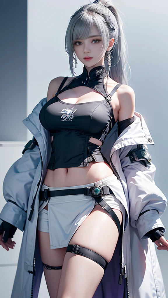 masterpiece,best quality,high resolution,8k,Focus on the thighs and above,RAW photos,digital photography,(Sci-fi style female family),20 year old girl,Long ponytail hairstyle,through bangs,(purple eyes),(white hair),plump breasts,felling,Elegant and noble,Serious and indifferent,Open white coat,Black camisole bra,rich details,shut your mouth,show your belly button,intricate ornaments,Cyberpunk futuristic style,(female scholar),photo poses,White background,oc render reflection texture