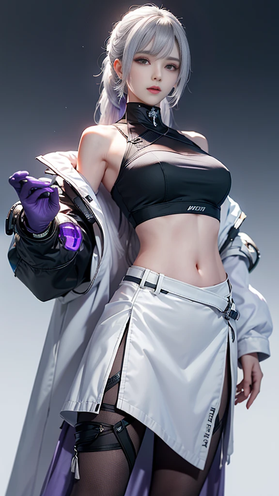 masterpiece,best quality,high resolution,8k，Focus on the thighs and above,RAW photos,digital photography,(Sci-fi style female family),20 year old girl,Long ponytail hairstyle,through bangs,(purple eyes),(white hair),plump breasts,felling,Elegant and noble,Serious and indifferent,Open white coat,Black camisole bra,rich details​,shut your mouth,show your belly button,intricate ornaments,Cyberpunk futuristic style,(female scholar),photo poses,White background,oc render reflection texture