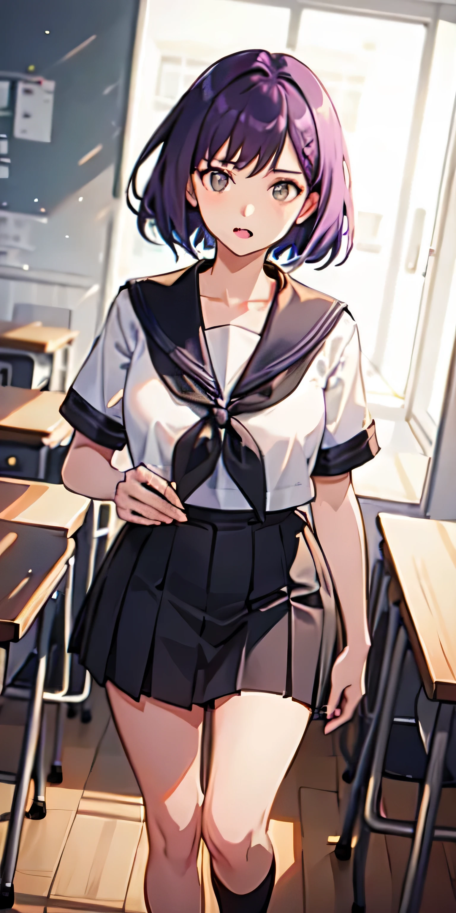 A woman with short purple hair wearing a sailor suit with short hair and a short skirt slapped away other people's hands in the classroom with a frightened look on her face (First-person perspective)