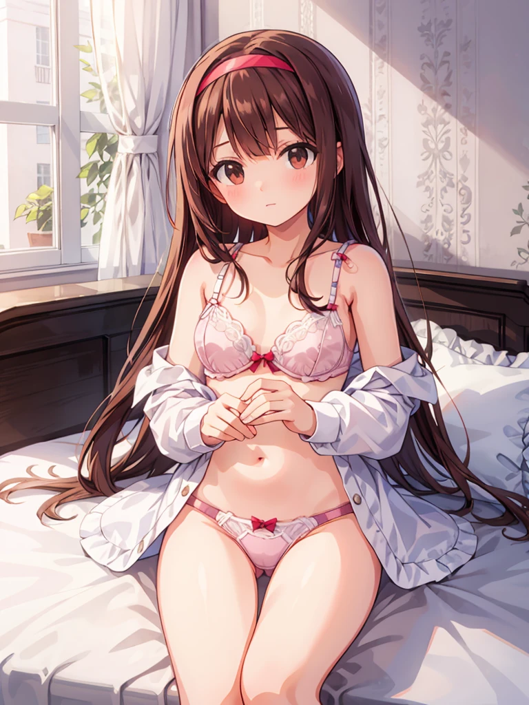 masterpiece, beautiful illustrations, highest quality, pretty girl, 1girl, Bedroom, pastel colour, (two-separated lingerie), cute lingerie, reddish brown long hair, headband, bright lighting, presenting, looking at viewer, on bed