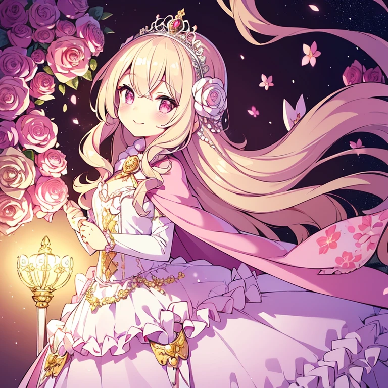 (kawaii),(best quality),(ultra detailed),(rococo style),(long train pastel pink cape:1.15), very long cape,(long train white ball gown with flower decorations:1.1), a girl is wearing a cape over her gown,(she has a western style fan:1.05), 1 little princess, tiara, smile, very long hair, small breasts, beautiful detailed eyes, beautiful detailed lips