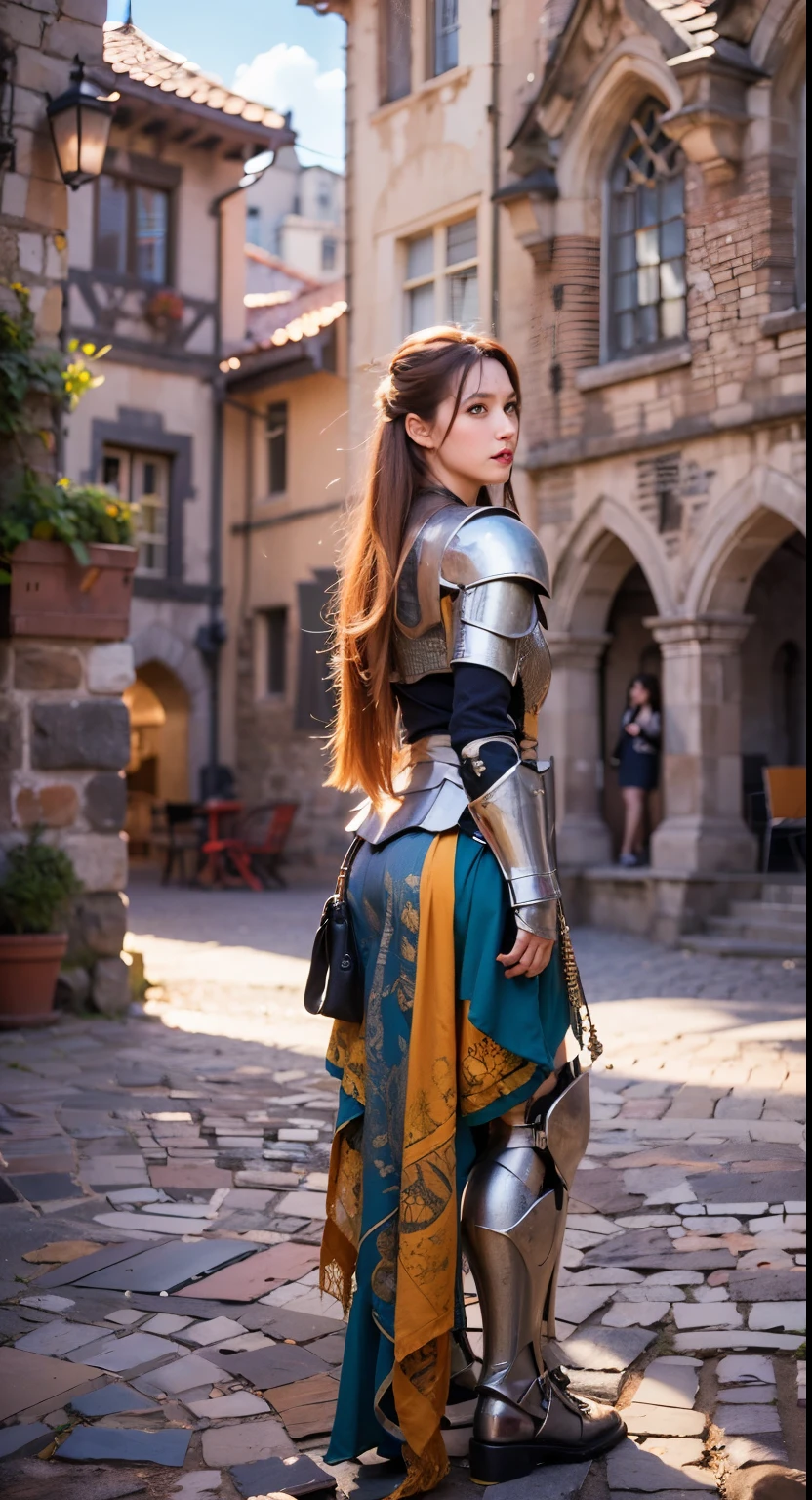 (best quality,4k,8k,highres,masterpiece:1.2),ultra-detailed,(realistic,photorealistic,photo-realistic:1.37),colorful hair,detailed medieval paladin dress armor,female group,standing,medieval city with castle background,illustration,visually stunning,colorful palette,soft lighting