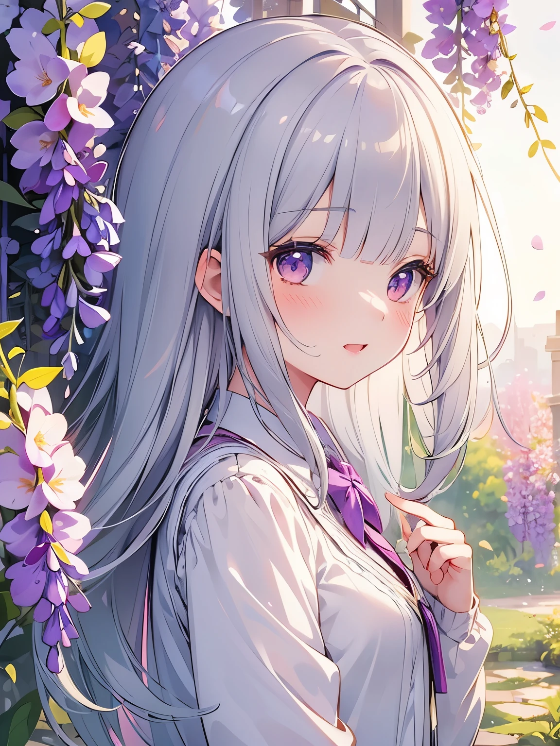 masterpiece, best quality, ultra-detailed, illustration, cute, Girl, Solo, laugh, Silver hair, fairy, petals, wearing cardigan, blunt bangs, blouse, flower, wisteria flowers