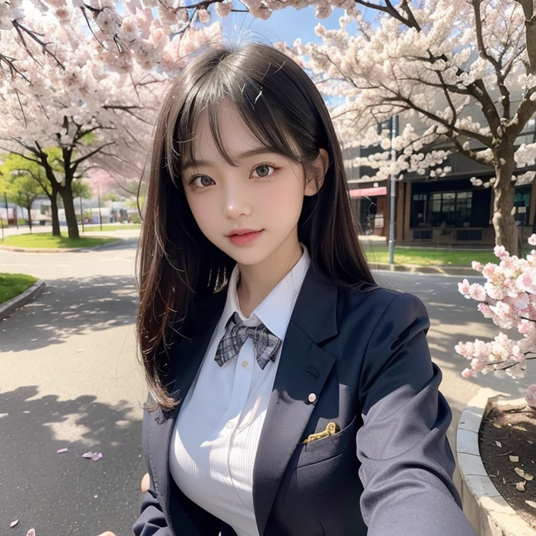 highest quality, High resolution, (realistic:1.2), 3 girls, Japanese beautiful girl, smile, big slit eyes, (big double eyelids:1.5), high definition eyes, plump cheeks, Dimples, light makeup, long black hair, slender, Are thin, small breasts, , dark blue blazer, (Blazer button open:1.3), White blouse with collar, red ribbon tie, white bra, Grey plaid pleated skirt, strong light, Cherry blossom trees, high school, spring,