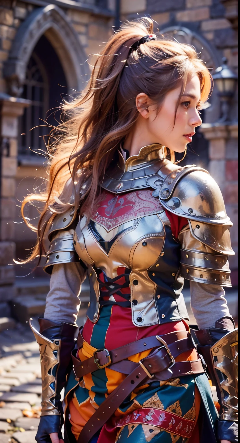 (best quality,4k,8k,highres,masterpiece:1.2),ultra-detailed,(realistic,photorealistic,photo-realistic:1.37),colorful hair,detailed medieval paladin dress armor,female group,standing,medieval city with castle background,illustration,visually stunning,colorful palette,soft lighting