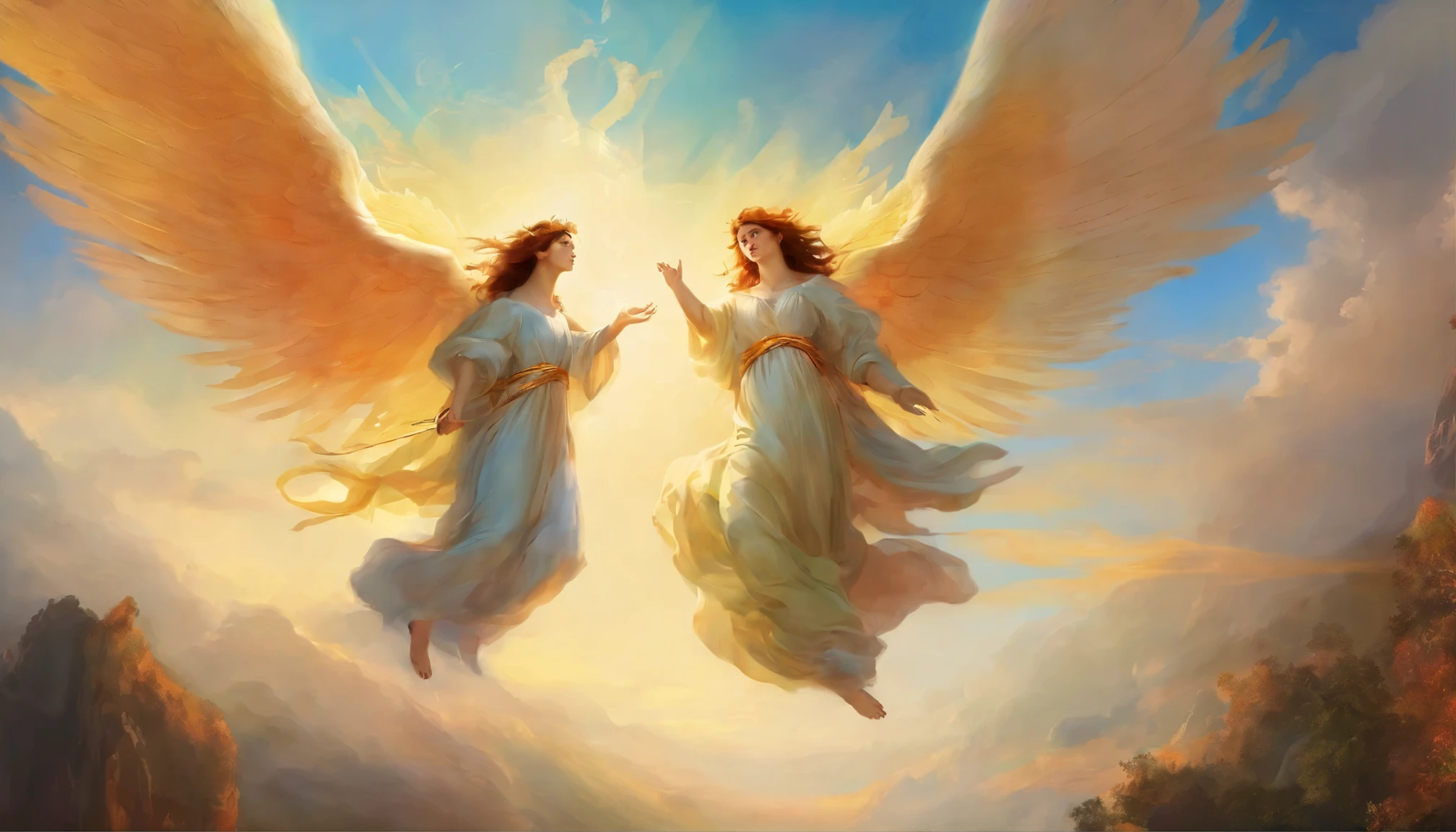 Angels descending from the sky, (Correct Face 1.5), A breathtaking masterpiece, Bright colors, caravaggio, 8k