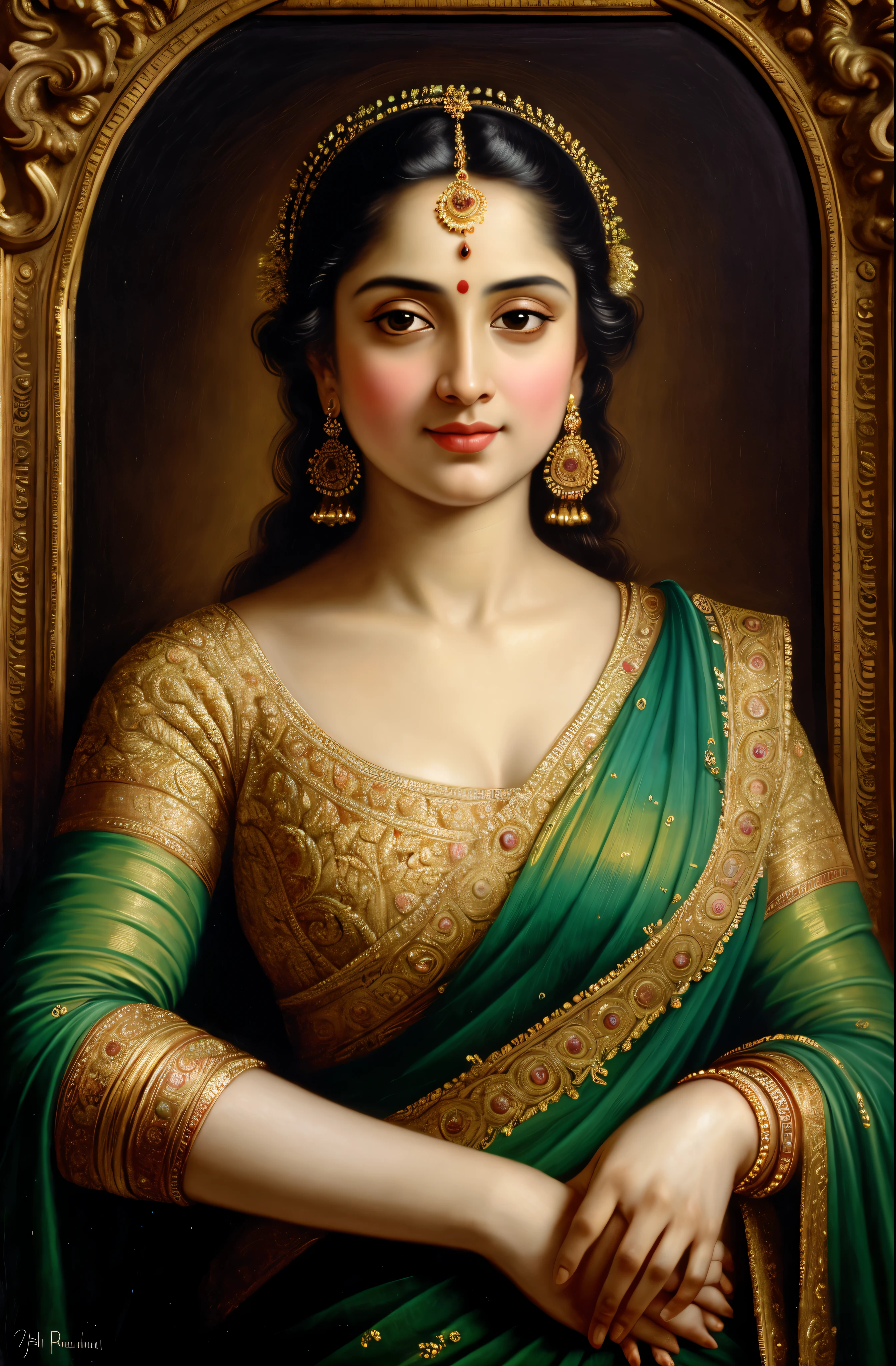 Beautiful Indian Woman, wearing saree, sari Beauty, gorgeous, Apsara, Maharani, royal queen woman, nymph from Hindu Mythology, Urvashi, matchless beauty, Highly detailed, Oil Painting by Peter Paul Rubens inspired by Raja Ravi Varma, Matchless beauty, captivating, gorgeous, heavenly beauty, celestial beauty, by Peter Paul Rubens, 13, realistic, hyper realistic, micro details, incredible artwork, insane details, ultra High resolution, 8k, 32k, acrylic on canvas, intricate, flawless, detailed, detailed face, detailed eyes, masterpiece, by Peter Paul Rubens, by Caravaggio, by William Adolphe bouguereau, perfect face, perfect body, beautiful art, realism, baroque, renaissance Art, highly textured, beautiful and detailed eyes, uhd, best quality,