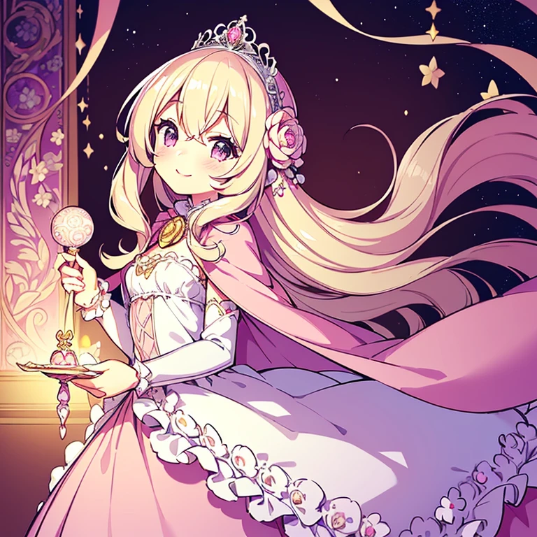 (kawaii),(best quality),(ultra detailed),(rococo style),(long train pastel pink cape:1.15), very long cape,(long train white ball gown with flower decorations:1.1), a girl is wearing a cape over her gown,(she has a western style fan:1.05), 1 little princess, tiara, smile, very long hair, small breasts, beautiful detailed eyes, beautiful detailed lips