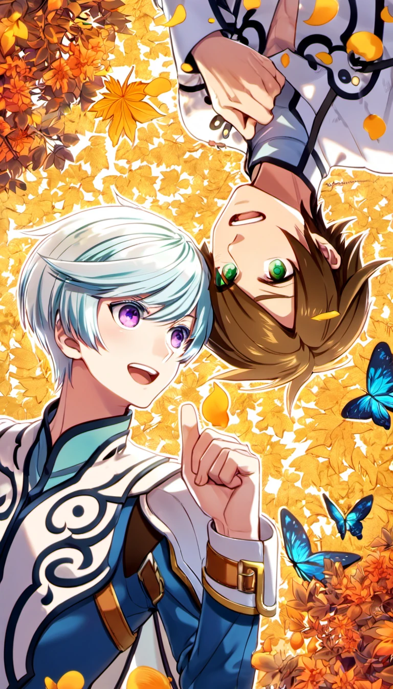 absurdres, highres, ultra detailed, HDR), master piece, best quality, Sorey, brown hair, expressive green eyes, Tales of Zestiria, Mikleo, white hair, expressive purple eyes, 2men together, gay couple, handsome, autumn, golden leaves, petals, flowers, butterflies