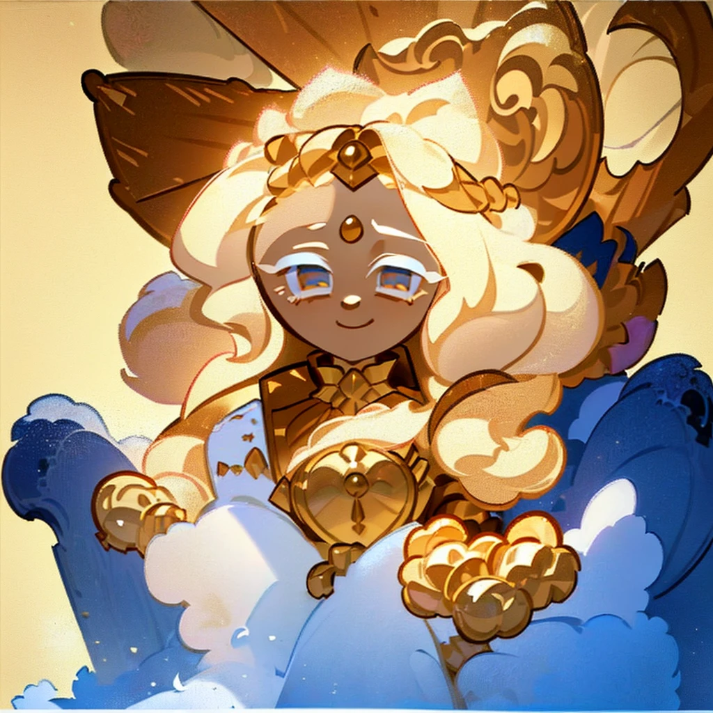 ((Masterpiece: 1.5, best quality, high resolution: 1.3, super resolution, super detailed, ultra detailed: 1.3, rich background: 1.2, Perfect Anatomy:1.5, 1 woman) pale skin + light blonde hair + Long curly hair + honey eyes + female figure (tiara on her forehead, priestess costume, minimal jewelry, pants) (( eyes open, smile, sitting with wind blowing, white snow falling, snow in her hair, dramatic lighting, elegant background)) (( colors for clothing: white, gold, white, cream))