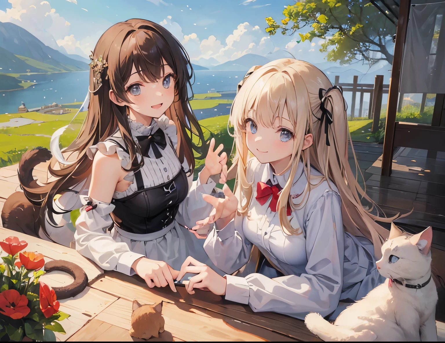 ((Best quality, A high resolution, Masterpiece:1.2)) ,(Clear facial features), (happy smile), two girl play with cats, holding cats, cat, cats, smile, laugh, happy atmosphere, landscape