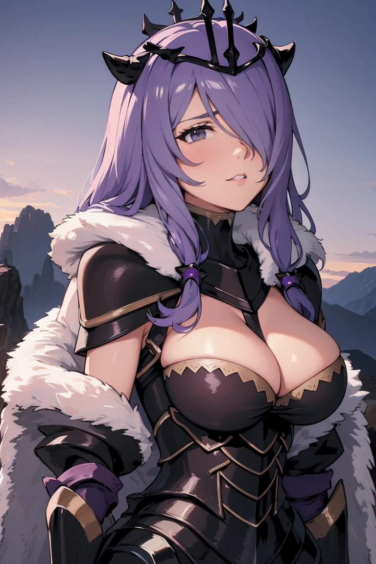 { - anatomy error}(Masterpiece - Ultra-detailed, very high resolution) masterpiece, best quality, brvCamilla, crown, cape, armor, gloves, fur trim, upper body, huge breasts, looking at viewer, mountain, rock formations, night, serious expression, from side