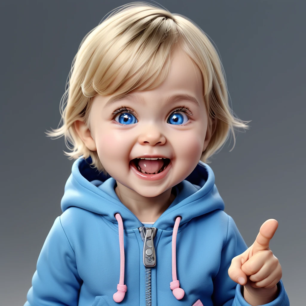 (((happy Smile with open mouth, closed teary blue eyes, small hands holding stomach, pointing small finger))), ((big chibi head)), portrait, (wide open mouth), blue hoodie, [wrinkles near the nose:0.5], (simple gray background), baby girl, [Nordic:Icelandic:0.5], Hourglass body, perfect Olive skin, big Oval Face, Long neck, Rounded shoulders, slim fitness arms, Attached Pointed ears, Short blonde Beach Waves pixie haircut Parting centre hair, snub nose, High Round Narrow cheekbones, Dimpled Cheeks, Rounded Chin, Nude Makeup Look, long eyelashes, third breast size, 8k, vray, IMax, hyperrealism, perfect light, bokeh Carl Zeiss 85mm, small depth of field, photorealistic, masterpiece, high resolution, best quality, cinematic shot, ultra-detailed, super realistic, Hyperrealistic art, high-quality, ultra high res, highest detailed, lot of details, Extremely high-resolution details, photographic, realism pushed to extreme, incredibly lifelike, atmospheric perspective (focus on face), realistic skin, soft light, detailed skin, colourful, soft cinematic light, (perfect skin), 
realistic skin texture, [wrinkles near the eyes:0.5]