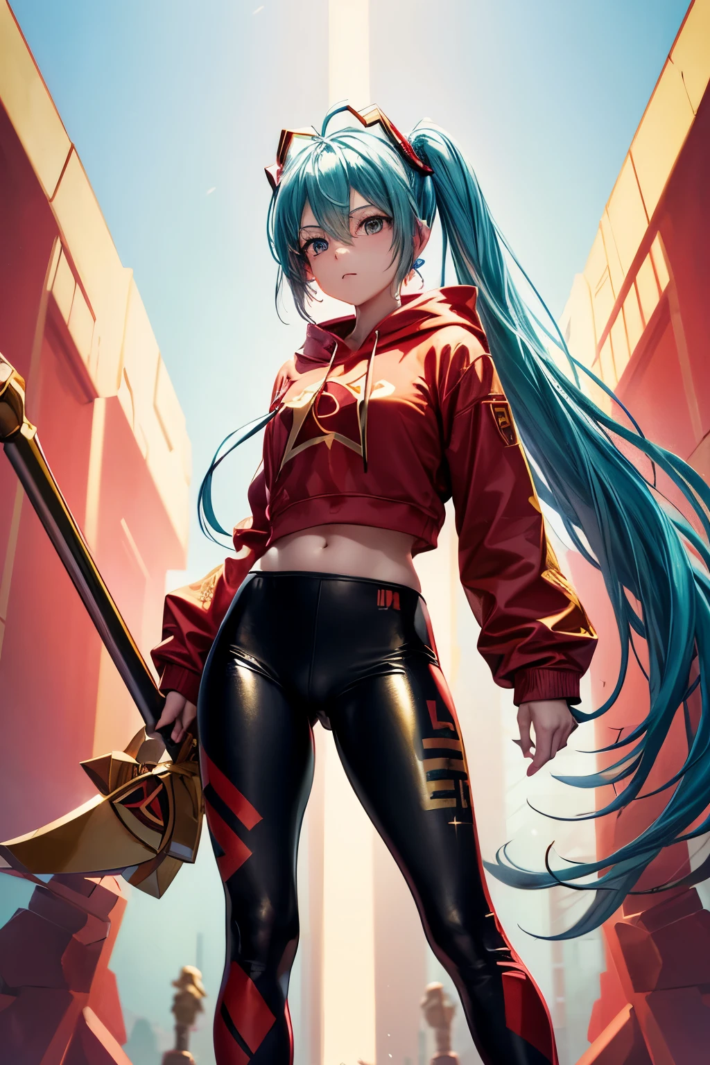 (best quality,4k,highres),hatsune miku wearing red and gold leggings printed with the communist hammer and sickle and a red cropped hoodie, standing next to lenin, holding a sickle above her head, vivid colors,portrait,studio lighting,ultra-detailed,sharp focus,anime,red and gold color palette,soft lighting, cameltoe