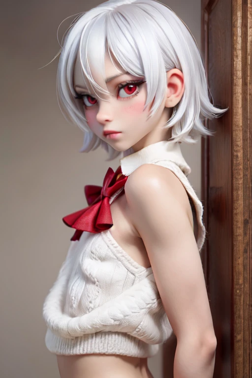 Feminine Femboy with white hair, pale soft skin, and red eyes,
