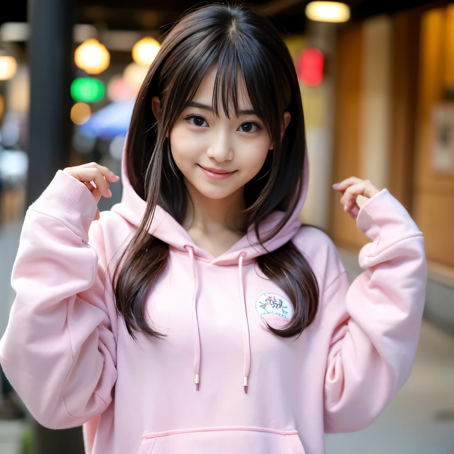 ((Best-quality, Masterpiece, Ultra-High-Resolution, (Photorealistic:1.4), Raw-Photo)), 1girl, the most famous Japanese idol, wearing light-pink hoodie with cute-design, extremely cute face like the most popular Japanese idol, extremely beautiful big-black-eyes, extremely cute hairstyle, extremely beautiful hair, extremely beautiful skins, innocent-smile, detailed hoodie