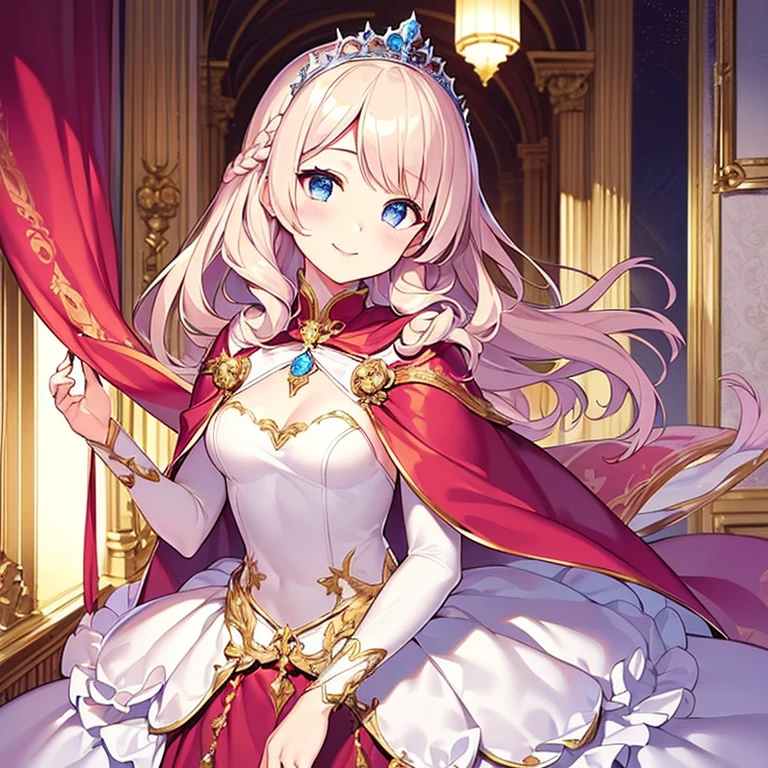 (kawaii),(best quality),(ultra detailed),(rococo style),(long train pastel pink cape:1.15), very long cape,(long train white ball gown with flower decorations:1.1), a girl is wearing a cape over her gown,(she has a western style fan:1.05), 1 little princess, tiara, smile, very long hair, small breasts, beautiful detailed eyes, beautiful detailed lips