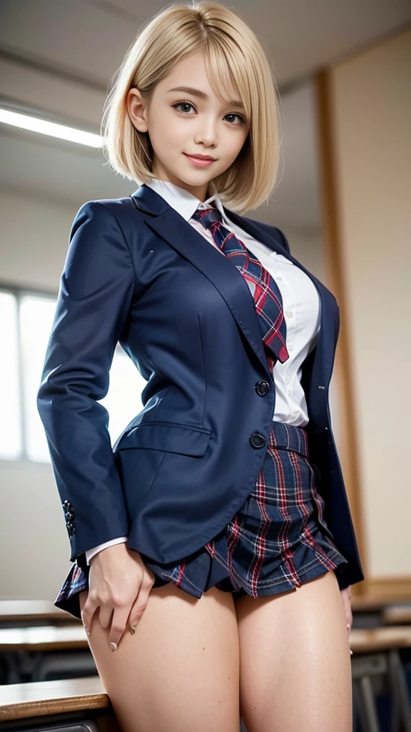 (8k, RAW photo, highest quality), Stand in the classroom of school, (((((((1 woman))))))), ((blonde)), ((short bob hair)), ((detailed eyes)), ((smile)), ((red tie)), (((dark blue closed blazer))), (((Blue plaid pleated miniskirt that wraps around the hips))), asymmetrical bangs, 少しのsmile, thighs, knees, random pose，pretty girl，slender girl