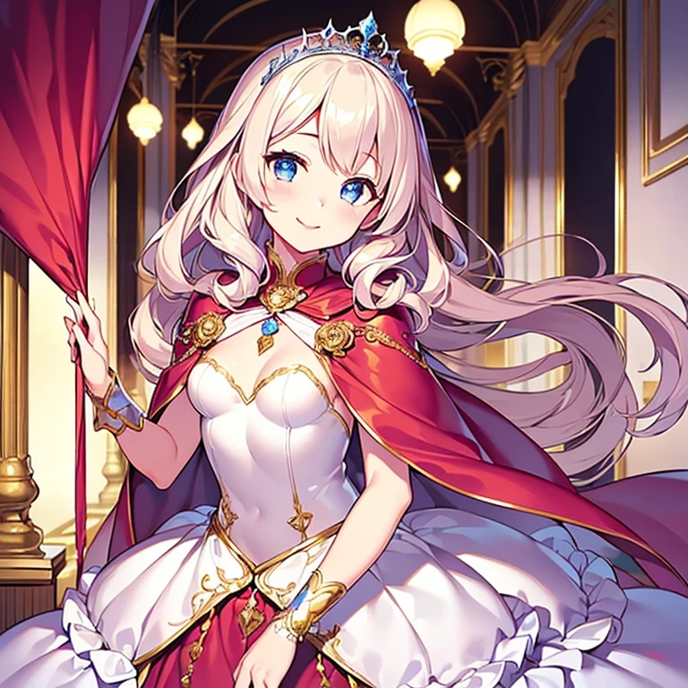 (kawaii),(best quality),(ultra detailed),(rococo style),(long train pastel pink cape:1.15), very long cape,(long train white ball gown with flower decorations:1.1), a girl is wearing a cape over her gown,(she has a western style fan:1.05), 1 little princess, tiara, smile, very long hair, small breasts, beautiful detailed eyes, beautiful detailed lips