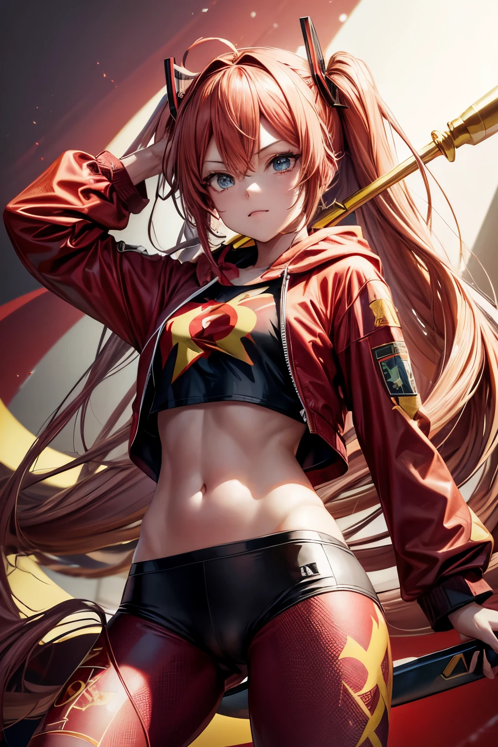 (best quality,4k,highres),hatsune miku wearing red and gold leggings printed with the communist hammer and sickle and a red cropped hoodie, standing next to lenin, holding a sickle above her head, vivid colors,portrait,studio lighting,ultra-detailed,sharp focus,anime,red and gold color palette,soft lighting, cameltoe