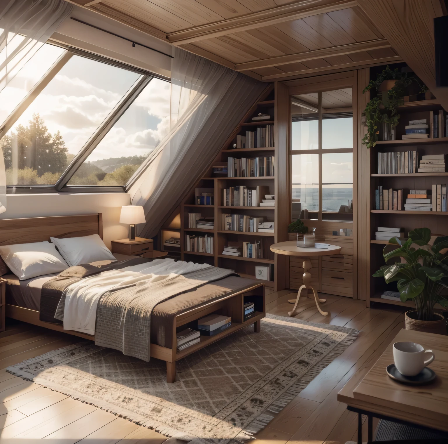 RAW photo, subject, 8k uhd, dslr, soft lighting, high quality, film grain, Fujifilm XT3, Realistic, Masterpiece, A modern Interior, bed room, bedroom interior, in style of ultra realistic, super realistic render vray, vray 8k render, inside of a bedroom, serene bedroom setting, hyper realistic style, Beautiful natural scenery outside the window