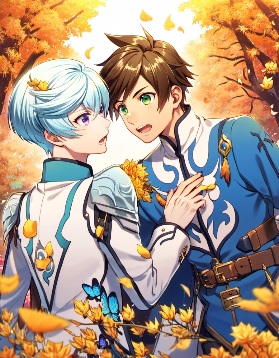 absurdres, highres, ultra detailed, HDR), master piece, best quality, Sorey, brown hair, expressive green eyes, Tales of Zestiria, Mikleo, white hair, expressive purple eyes, 2men together, gay couple, handsome, autumn, golden leaves, petals, flowers, butterflies