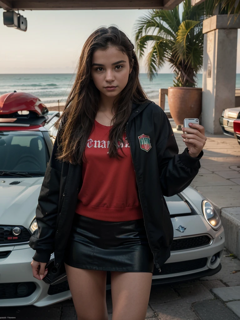 A young 14-year-old Italian teenager takes photos taken with a Canon EOS R 6 camera, background: evening sports car shows on the beach among large skyscrapers. The girl is wearing a black jacket and a black mini skirt. A view reminiscent of scenes from the films "Spring Breakers" and "Fast and Fourius". The images are of the highest quality (best quality, 8K resolution, high resolution: 1.2), providing extremely detailed and photorealistic visual effects. This scene contains special effects and decorations from the TV series "The Wizard of Weverly Place", creating a dynamic and lively atmosphere. There are various symbols and elements around the girl, which represent a lost teenager on vacation handbag, smartphone, stylish backpack, etc. The red lighting is unique, uniformly created to bring out the vivid colors of the work of art. Composition: Capture the uncertainty and innocence of the girl posing for the perfect photo. The camera shows the girl from different sides and directions