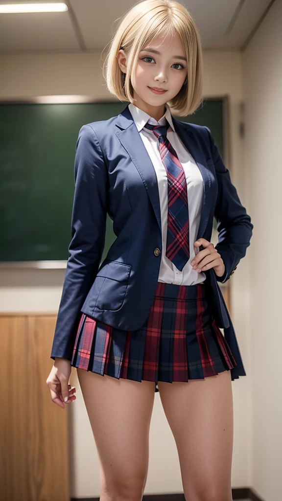 (8k, RAW photo, highest quality), Stand in the classroom of school, (((((((1 woman))))))), ((blonde)), ((short bob hair)), ((detailed eyes)), ((smile)), ((red tie)), (((dark blue closed blazer))), (((Blue plaid pleated miniskirt that wraps around the hips))), asymmetrical bangs, 少しのsmile, thighs, knees, random pose，pretty girl，slender girl