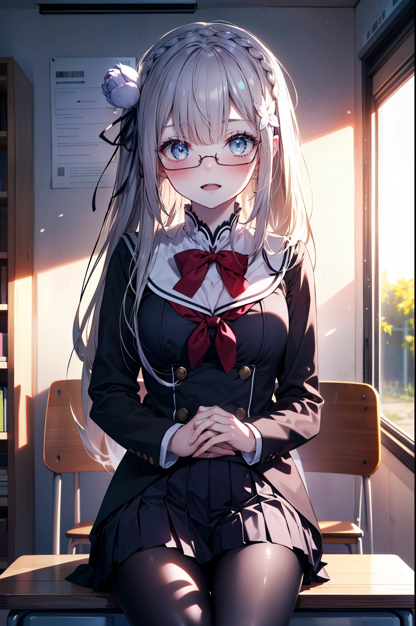 rezeroemilia, emilia, Braid, crown Braid, flower, hair flower, hair ornaments, purple eyes,long hair,hair ribbon, smile,blush,open your mouth,Black Abyss Glasses,black sailor uniform,black pleated skirt,white pantyhose,brown loafers,sitting cross-legged on a chair,There is a textbook on the desk,
break indoors, School classroom,
break looking at viewer, (cowboy shot:1.5),
break (masterpiece:1.2), highest quality, High resolution, unity 8k wallpaper, (shape:0.8), (fine and beautiful eyes:1.6), highly detailed face, perfect lighting, Very detailed CG, (perfect hands, perfect anatomy),