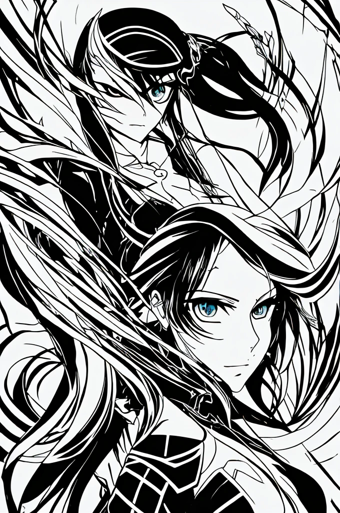 (best quality,4k,8k,highres,masterpiece:1.2),anime,black and white,line-art style,beautiful detailed eyes,beautiful detailed lips,extremely detailed eyes and face,longeyelashes,vivid colors,sharp focus,ultra-fine painting,physically-based rendering,ultra-detailed,nostalgic,eloquent,high contrast,expressive,delicate,clean lines,smooth curves,fluid motion,simple background,dynamic composition,impressive silhouette,emotionally captivating,charming characters,fantasy world,exquisite costumes,intense expressions,skilled craftsmanship,creative character design,captivating storytelling,attention to detail,strong visual impact,unique perspective