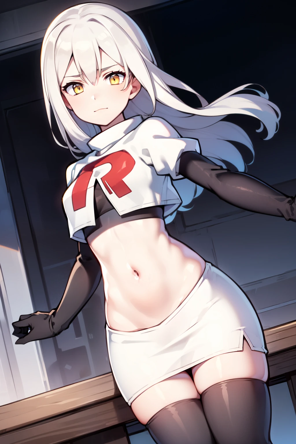 (masterpiece:1.2), (pale skin:1.2), (8k:1.2), (solo:1.2), (female:1.1), (dynamic angle), long hair, gray hair, yellow eyes, team rocket,team rocket uniform,white skirt,red letter R,crop top,black thigh-highs,black elbow gloves