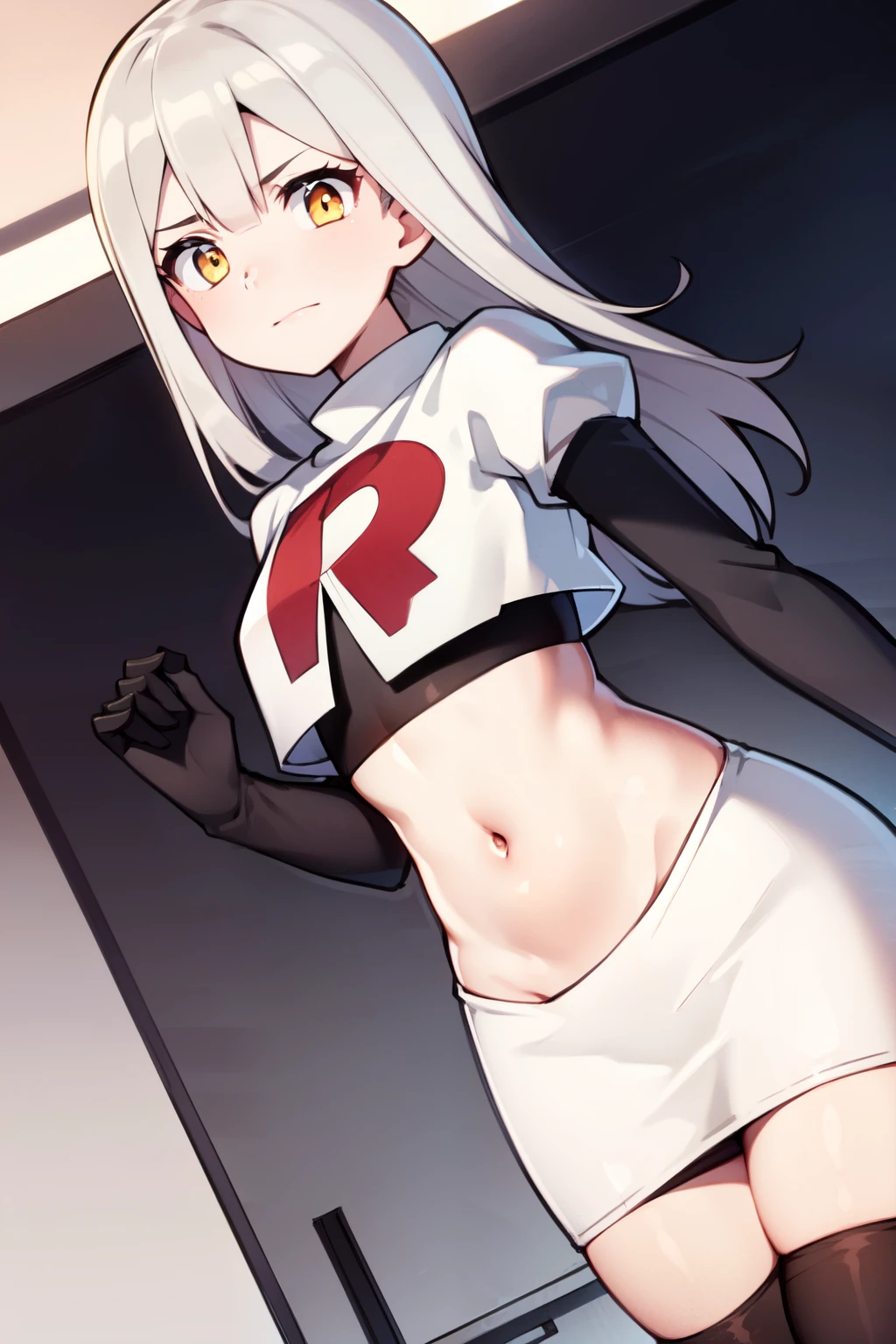 (masterpiece:1.2), (pale skin:1.2), (8k:1.2), (solo:1.2), (female:1.1), (dynamic angle), long hair, gray hair, yellow eyes, team rocket,team rocket uniform,white skirt,red letter R,crop top,black thigh-highs,black elbow gloves