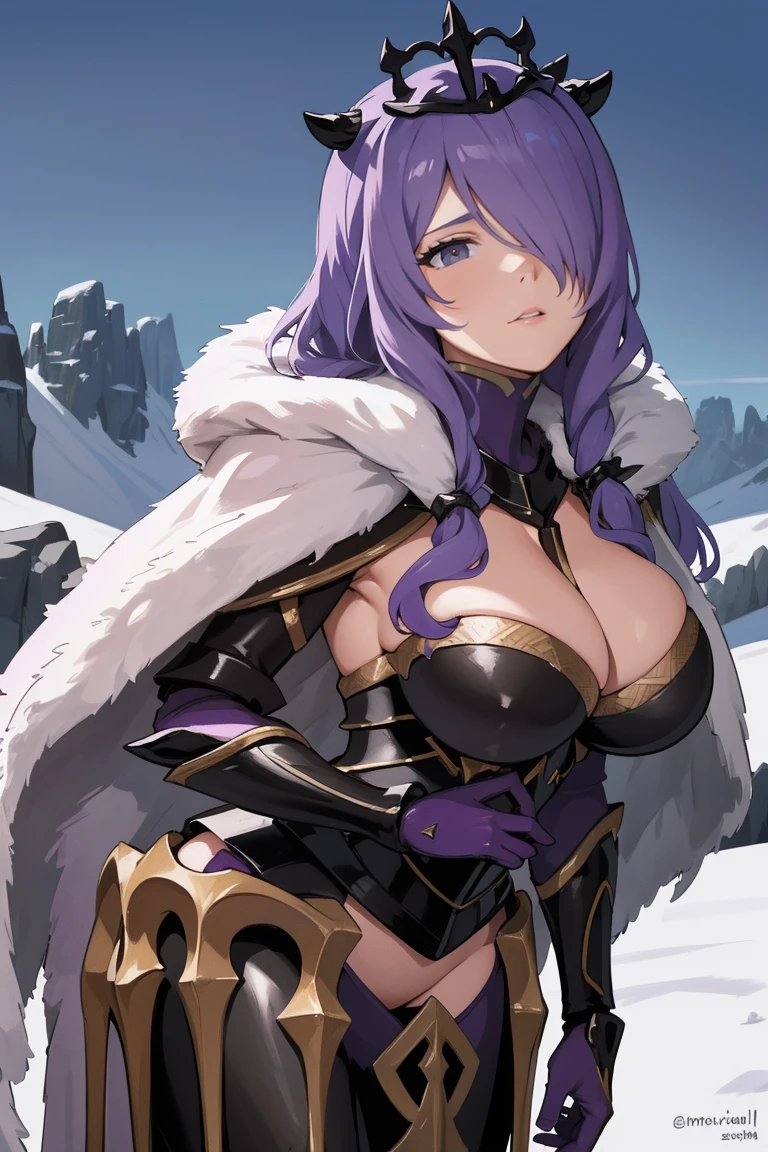 { - anatomy error}(Masterpiece - Ultra-detailed, very high resolution) masterpiece, best quality, brvCamilla, crown, cape, armor, gloves, fur trim, whole body, gigantic breasts, looking at viewer, mountain, rock formations, night, serious expression, from side
