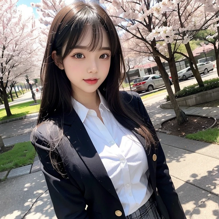 highest quality, High resolution, (realistic:1.2), 1 girl, Japanese beautiful girl, smile, big slit eyes, (big double eyelids:1.5), high definition eyes, plump cheeks, Dimples, light makeup, long black hair, bangs, slender, Are thin, small breasts, , dark blue blazer, (Blazer button open:1.3), White blouse with collar, ribbon tie, white bra, Grey plaid pleated skirt, strong light, Cherry blossom trees, Japanese high school, spring,