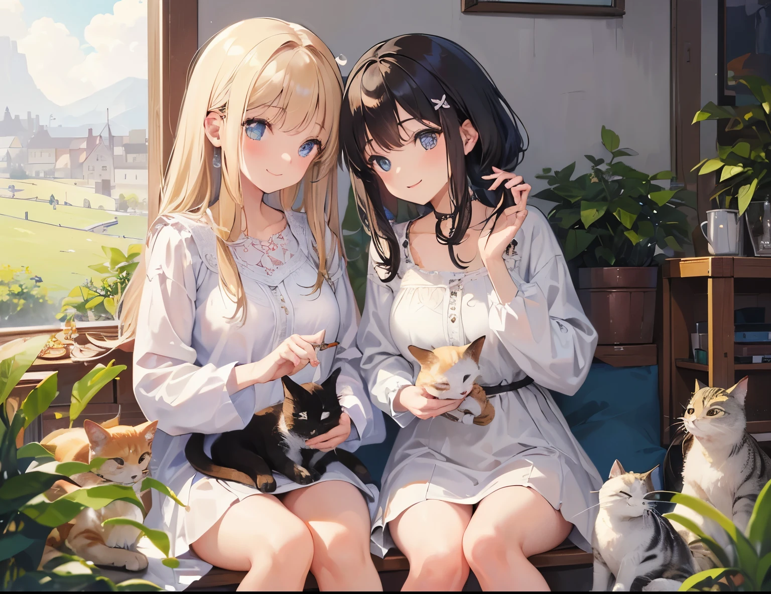 A beautiful young girl playing with a pure white kitten.、A kitten is licking the girl's cheek.