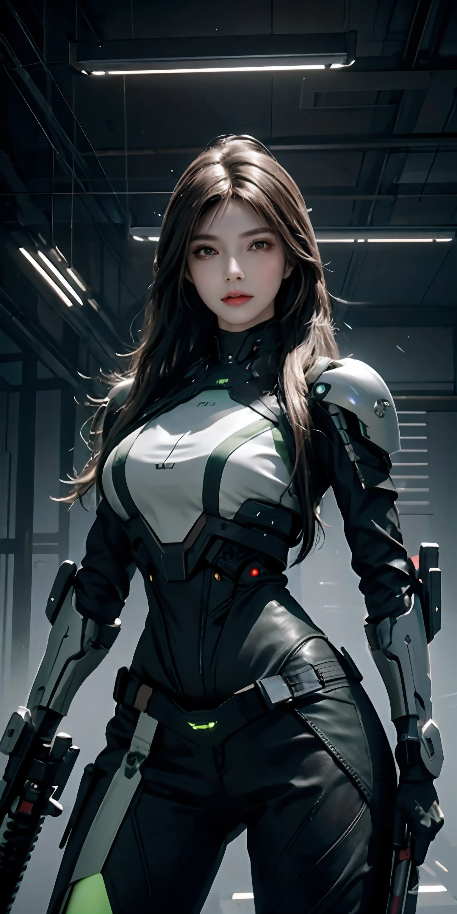 photorealistic, high resolution, soft light,1women, solo, hips up, (detailed face),green long hair, cybersamurai, cyborg, cyberpunk,  cyber armor, holding weapon,glowing,gun, sniper, on the space