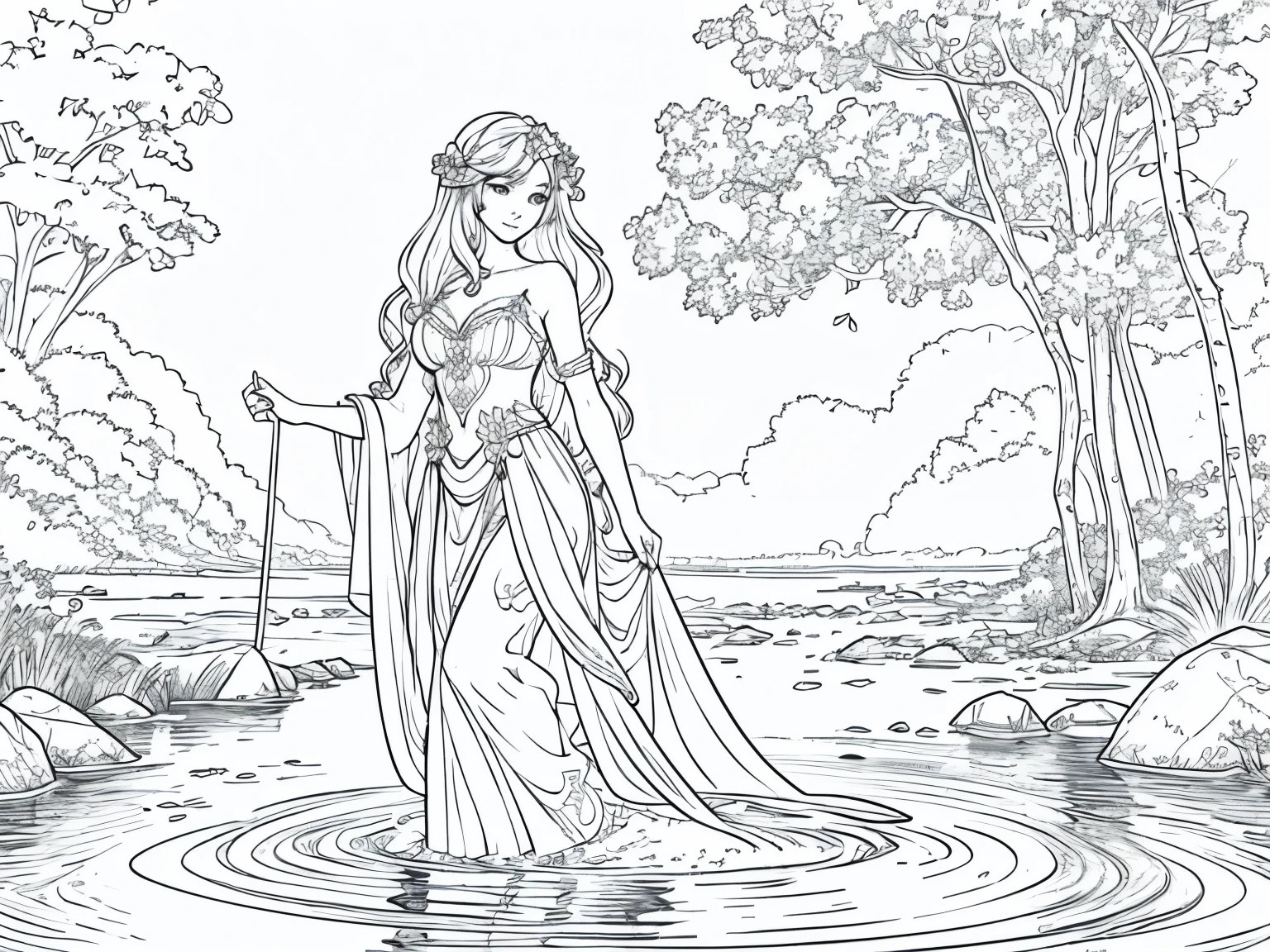 line art drawing a old norse tribal artwork of an Beautiful woman sitting near a lake, norse knotwork . professional, sleek, modern, minimalist, graphic, line art, vector graphics