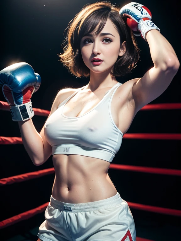 Milana Vayntrub with short brown hair, modern short hair, modern chop cut hair, highly detailed eyes, boxing gear, satin shorts, boxing ring, boxing gloves, sweaty, white tank top, pokies