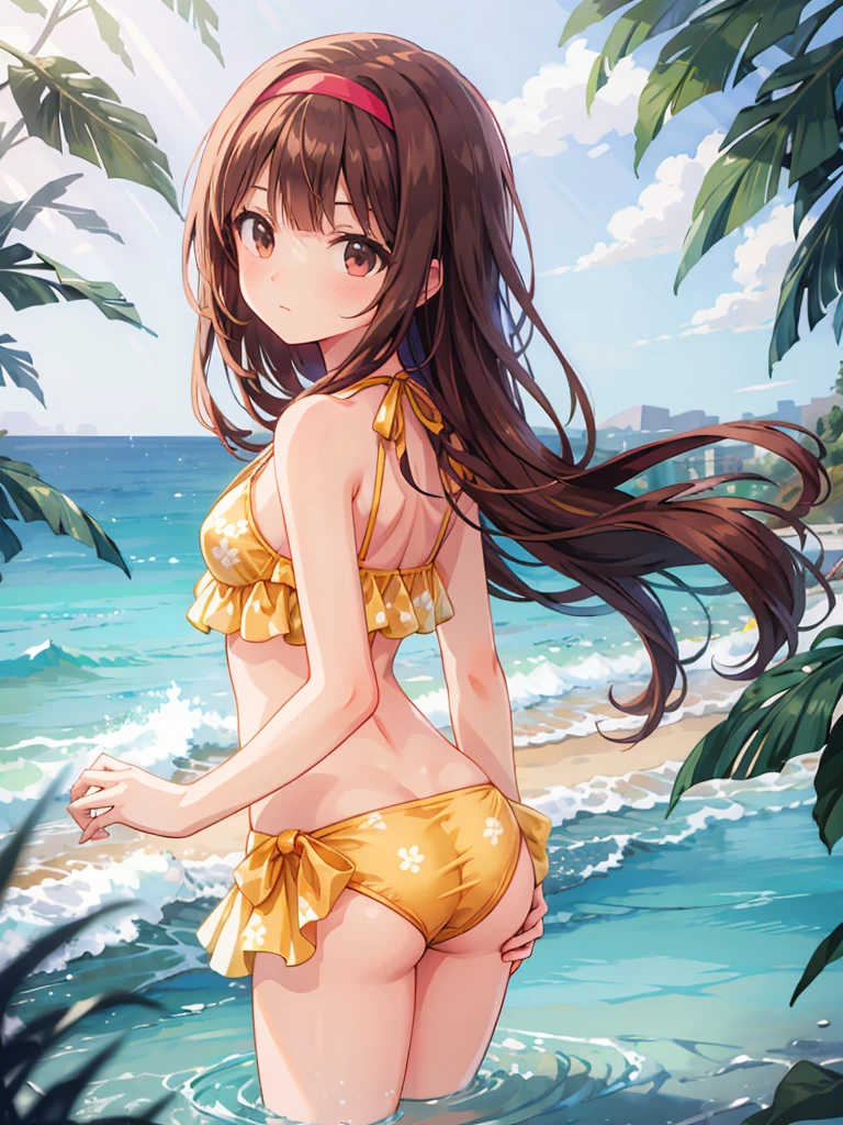 masterpiece, beautiful illustrations, highest quality, pretty girl, 1girl, standing, pastel colour, (two-separated bikini), sexy bikini, reddish brown long hair, headband, bright lighting, looking at viewer, on the shore