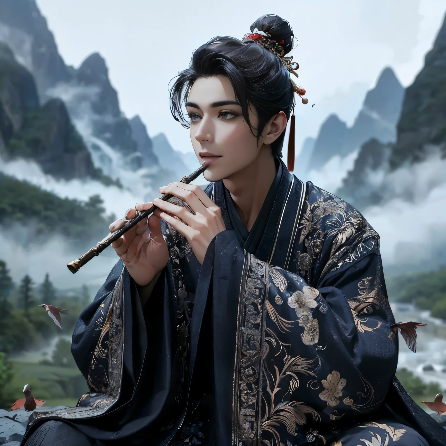 (Best Quality:1.2), (high resolution:1.2), (beautiful face and eye:1.2), (sharpest focus:1.2), (Ultra-realistic Photo:1.2), (Ultra-precise Photo:1.2), (Depth of field:1.2), (8k high resolution:1.2), (perfect anatomy:1.2), (nice hands:1.5),
(perfect hands:1.5), (Very young and masculine and dignified and beautiful Chinese male:1.5), (Beautiful nobleman:1.0), (A beautiful nobleman:1.0), (A shiny black hermit-like garment with fancy embroidery:1.0), (A gentle smile:1.3),
(Playing an iron flute:1.5), (A secluded hermit-like place deep in the mountains of China:1.0), (A mysterious fairyland:1.2), (Birds and animals gathered to listen to the sound of the flute:1.3), (Looking up angle:1.0),