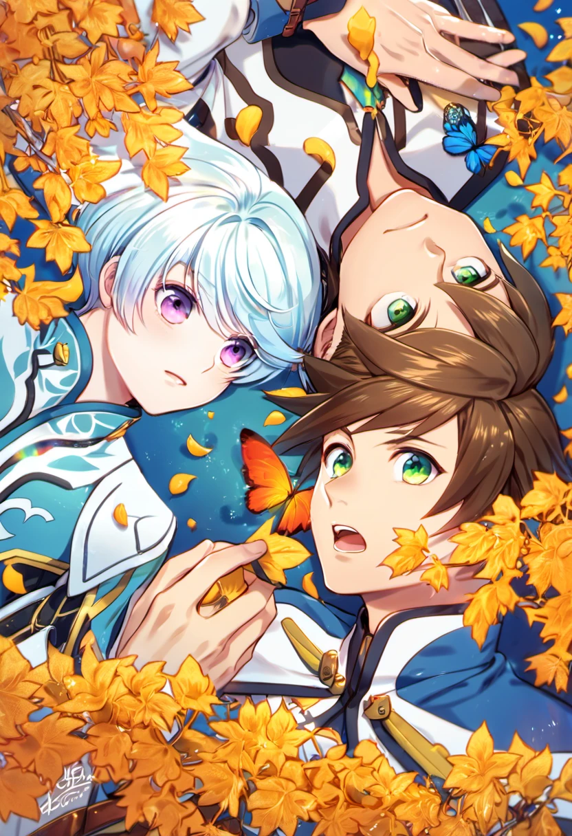 absurdres, highres, ultra detailed, HDR), master piece, best quality, Sorey, brown hair, expressive green eyes, Tales of Zestiria, Mikleo, white hair, expressive purple eyes, 2men together, gay couple, handsome, autumn, golden leaves, petals, flowers, butterflies