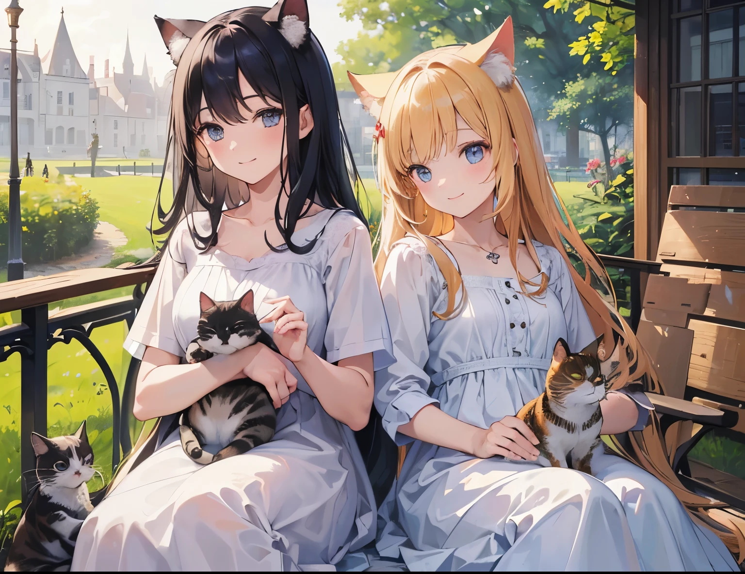 ((Best quality, A high resolution, Masterpiece:1.2)) ,(Clear facial features), (happy smile), two girl play with cats, holding cats, cat, cats, smile, laugh, happy atmosphere, landscape