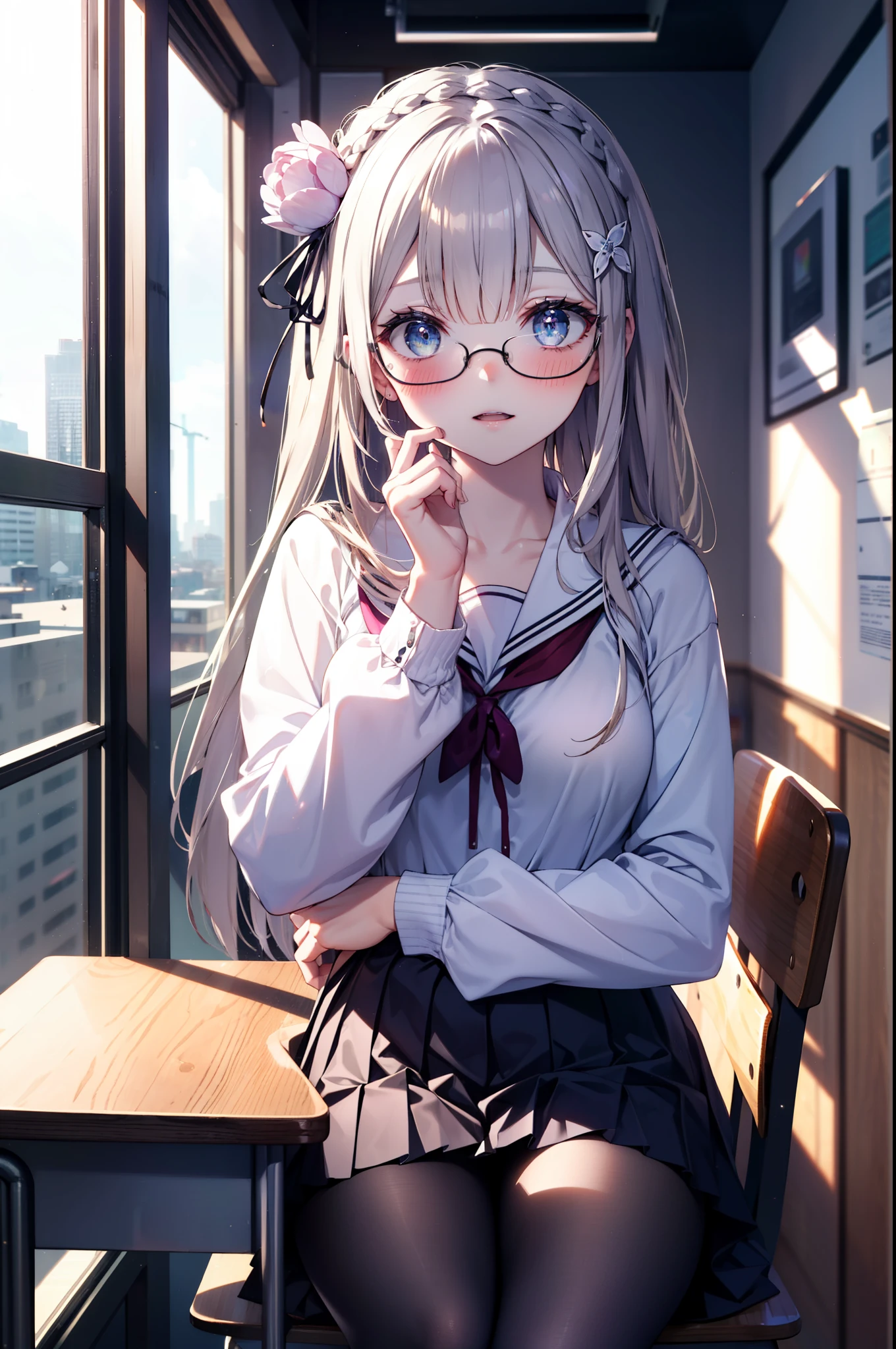 rezeroemilia, emilia, Braid, crown Braid, flower, hair flower, hair ornaments, purple eyes,long hair,hair ribbon, smile,blush,open your mouth,Black Abyss Glasses,black sailor uniform,black pleated skirt,white pantyhose,brown loafers,sitting cross-legged on a chair,There is a textbook on the desk,
break indoors, School classroom,
break looking at viewer, (cowboy shot:1.5),
break (masterpiece:1.2), highest quality, High resolution, unity 8k wallpaper, (shape:0.8), (fine and beautiful eyes:1.6), highly detailed face, perfect lighting, Very detailed CG, (perfect hands, perfect anatomy),