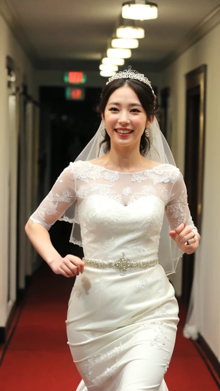 ((highest quality、8k、masterpiece:1.3))、Photoreal, sharp focus, High level image quality, High resolution,portrait, one person、Japanese、woman, beautiful woman, (((Wedding dress)))、30 years old, Plump, medium long hair、grin, Running towards me down the apartment hallway、Full speed