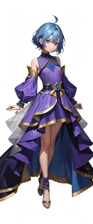 blue hair boy、Wearing a purple dress、The dress is studded with sparkling starulti-tiered skirt、pure white background
